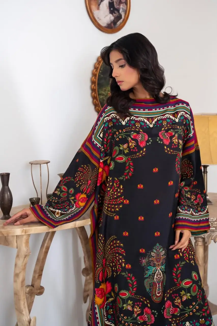 Stylish Women's Printed Shamoz Silk Shirt and Trouser Set - 2 Pcs