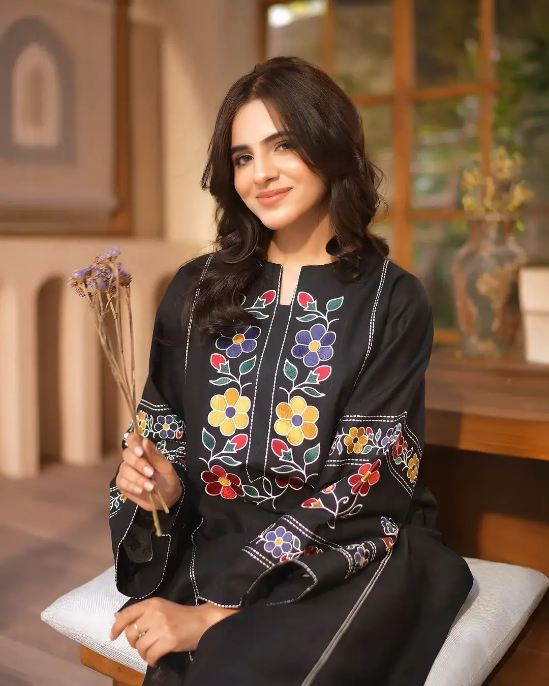 Chic Women's Stitched Shirt and Trouser Set - 2 Pcs in Embroidered Black