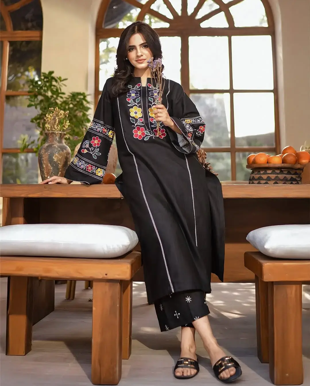Chic Women's Stitched Shirt and Trouser Set - 2 Pcs in Embroidered Black