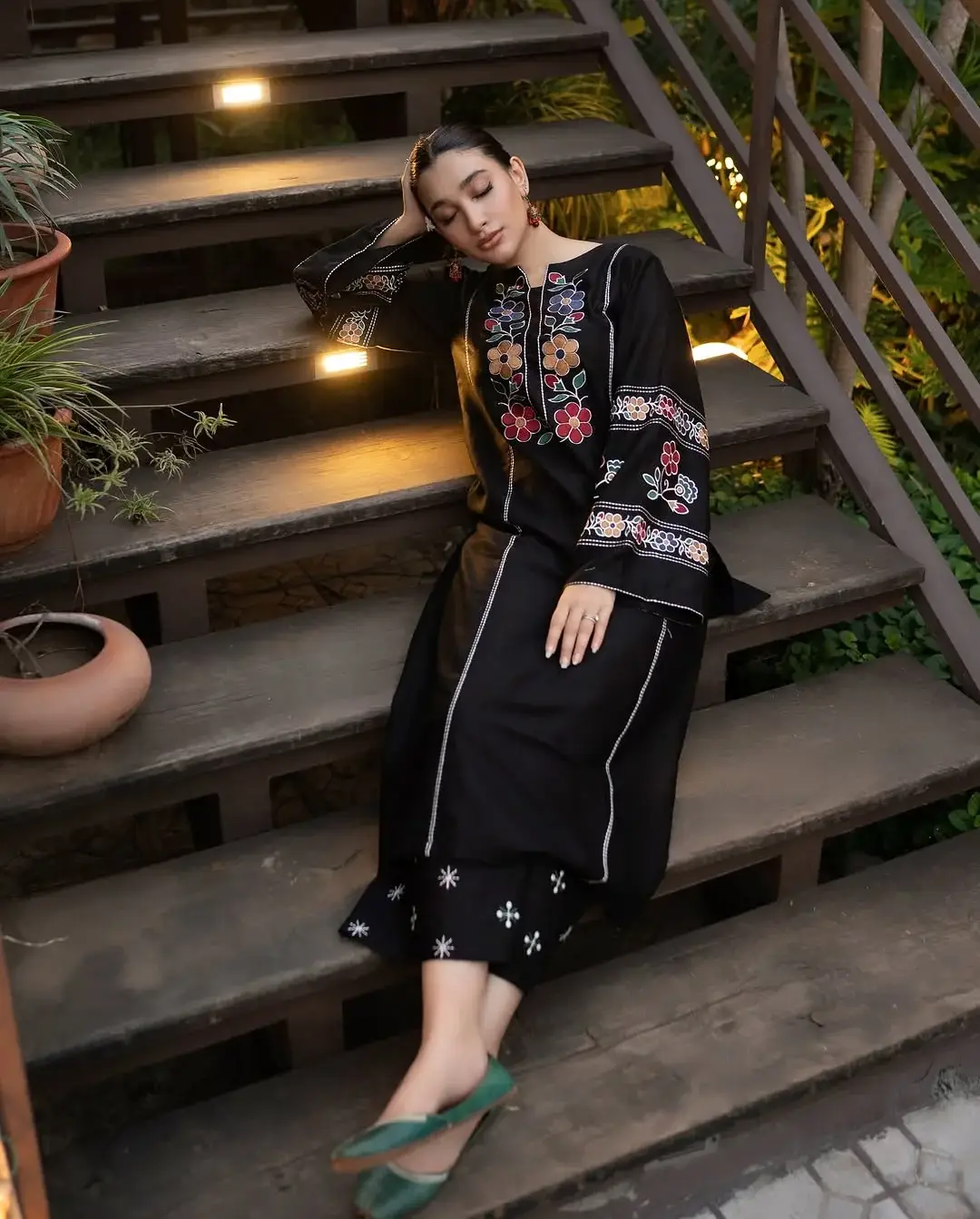 Chic Women's Stitched Shirt and Trouser Set - 2 Pcs in Embroidered Black