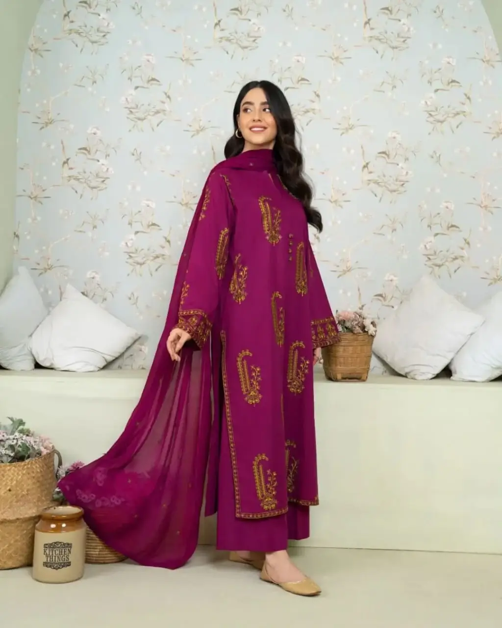Stylish Purple Embroidered Linen Shirt and Trouser Set - 2 Pcs