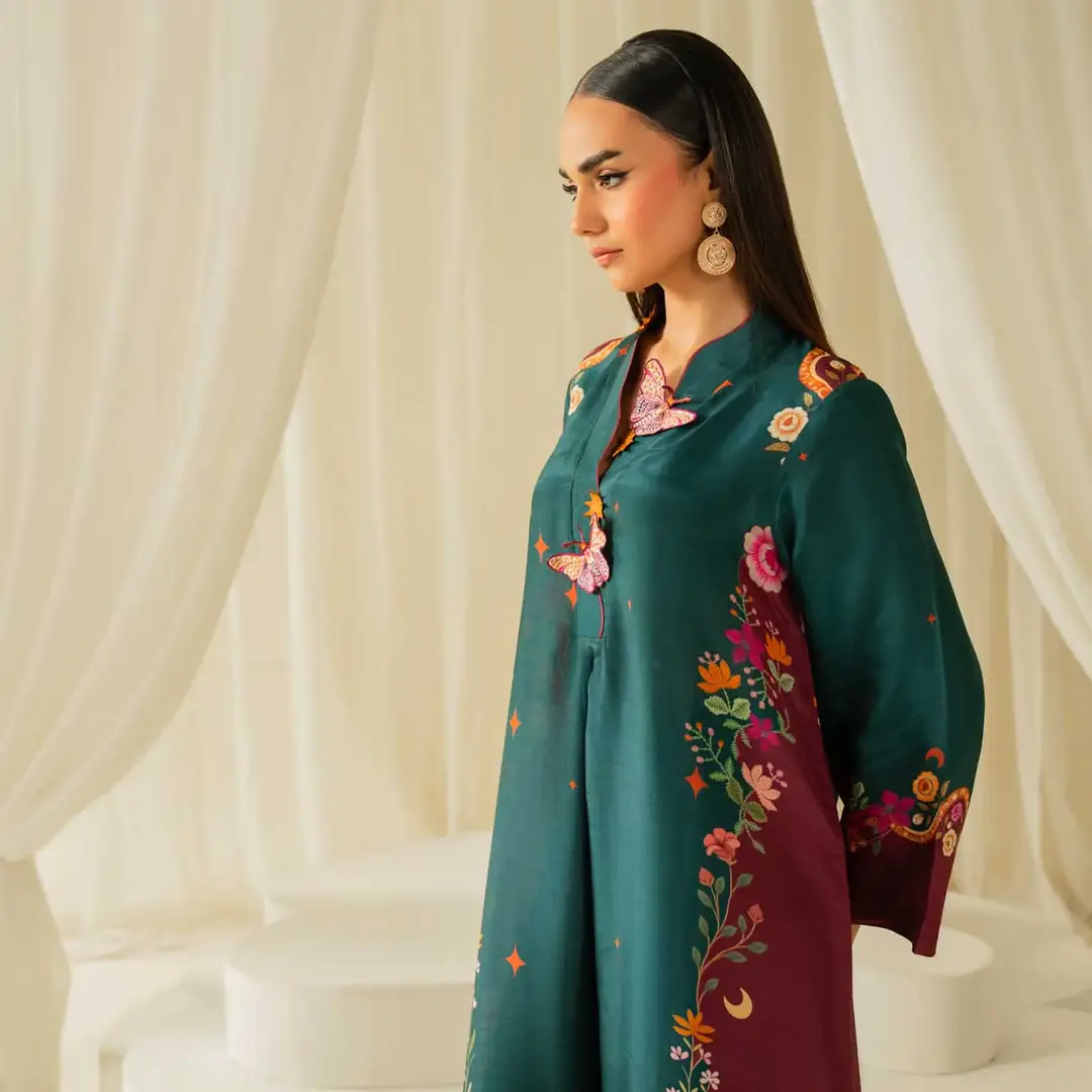 2 Pcs Women's Stitched Shamoz Silk Printed Shirt And Trouser