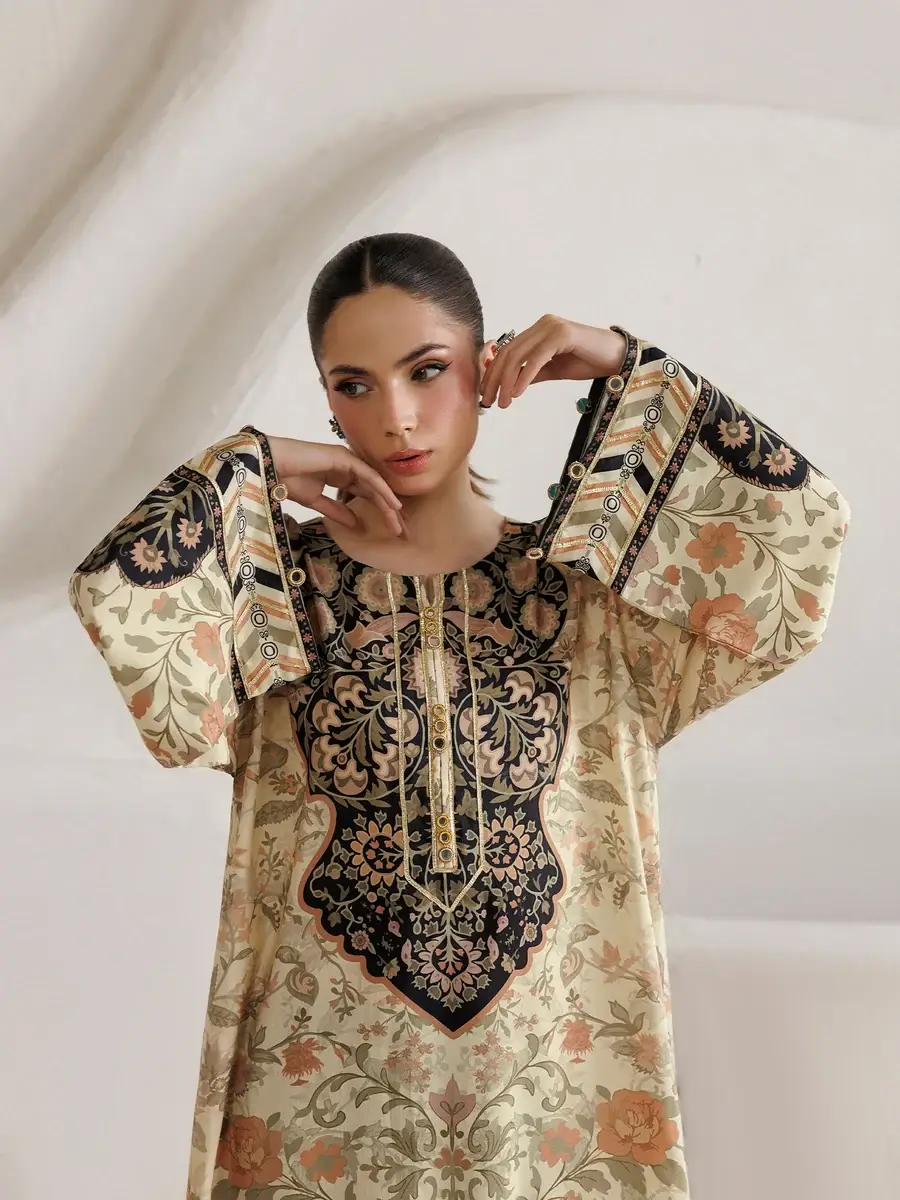 2 Pcs Women's Stitched Shamoz Silk Printed Shirt And Trouser