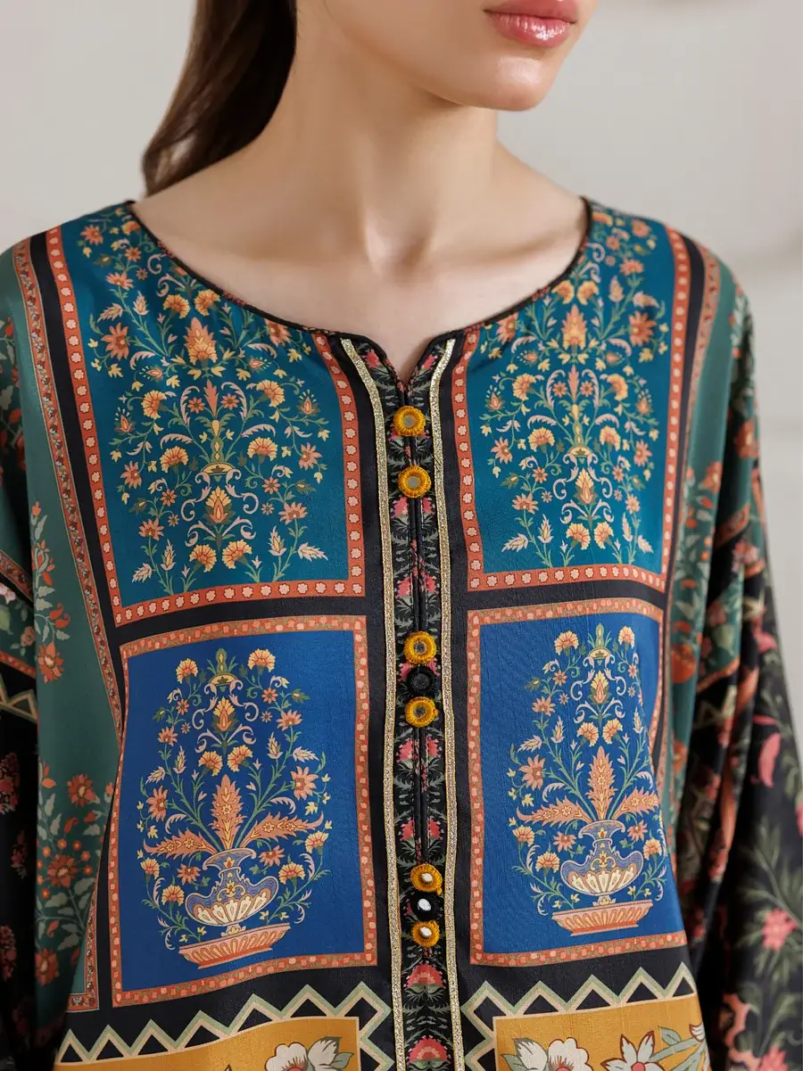 2 Pcs Women's Stitched Shamoz Silk Printed Shirt And Trouser