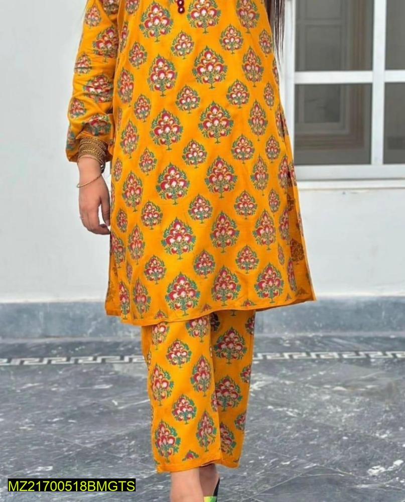 2 Pcs Women's Stitched Linen Printed Suit