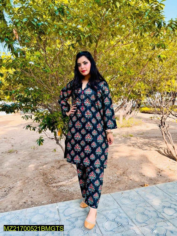 2 Pcs Women's Stitched Linen Printed Suit