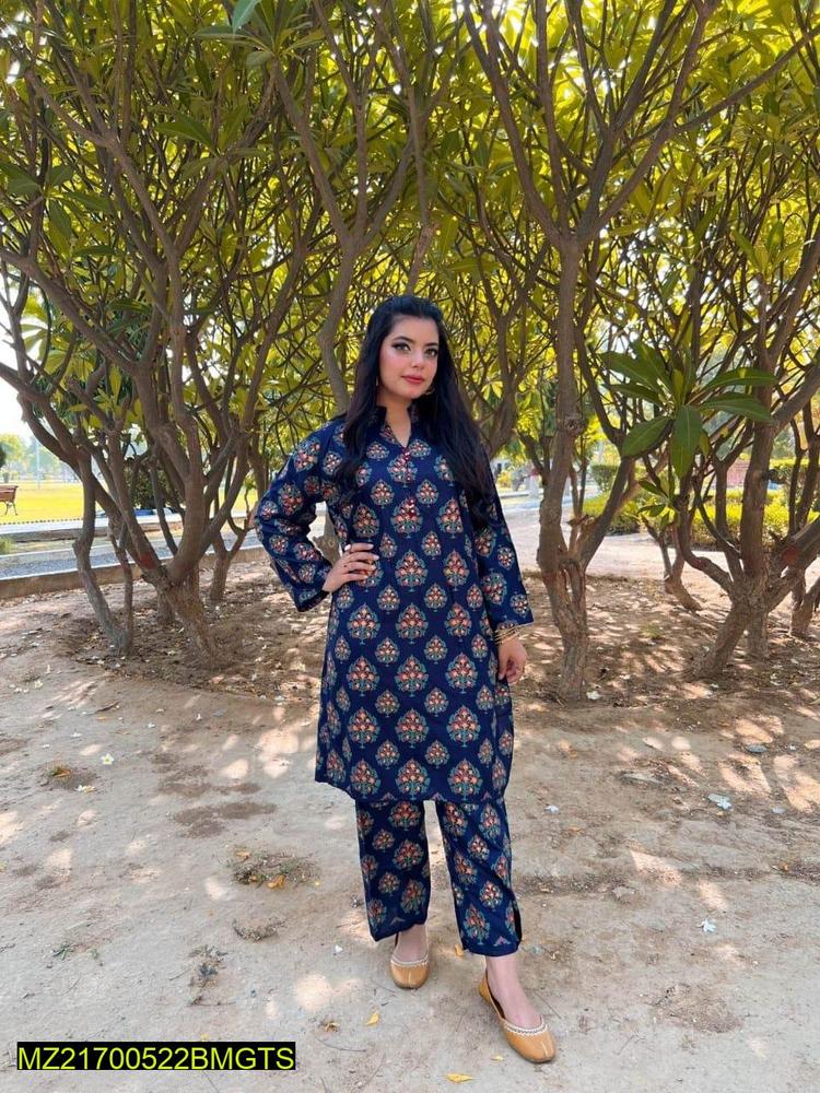 2 Pcs Women's Stitched Linen Printed Suit