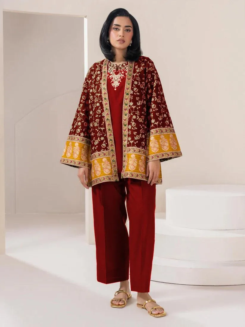 Maroon Embroidered 3 Pcs Women's Cotton Gown Suit Eid 2026