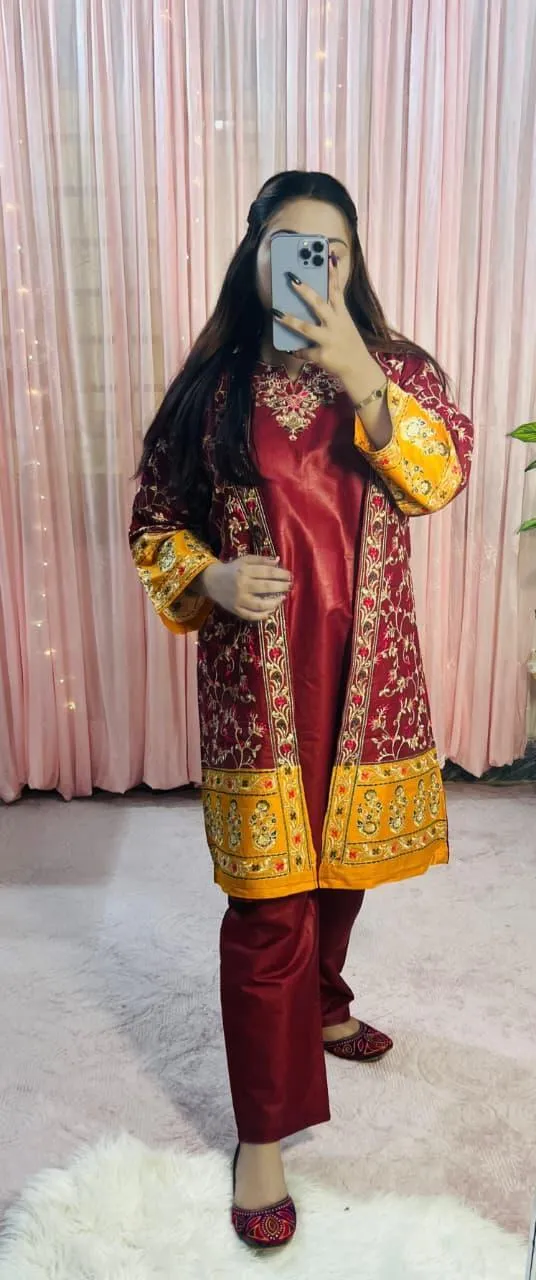Maroon Embroidered 3 Pcs Women's Cotton Gown Suit Eid 2026