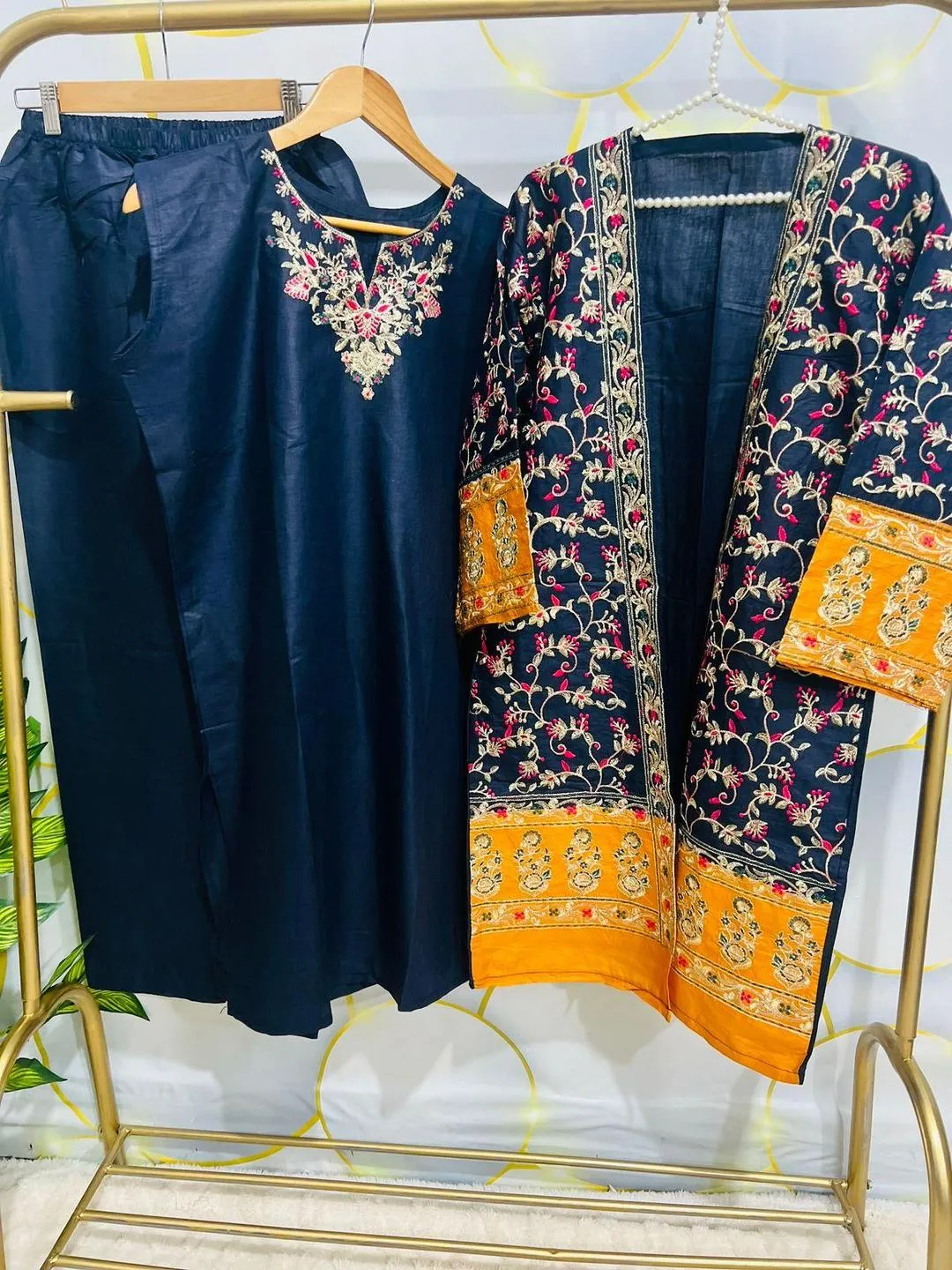 Women Blue Embroidered 3-Piece Cotton Gown Suit Eid 2026