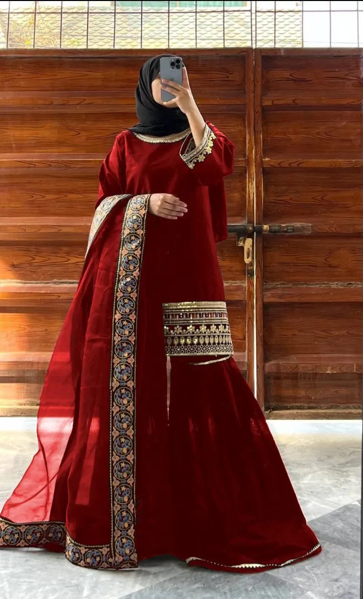 Maroon Shamose Silk 3Pcs Embroidered Party Wear Set with Lace Garara & Organza Dupatta