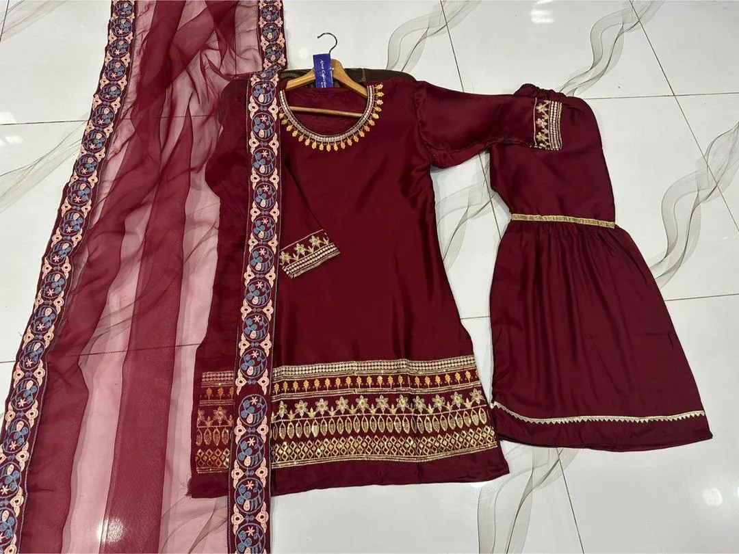 Maroon Shamose Silk 3Pcs Embroidered Party Wear Set with Lace Garara & Organza Dupatta