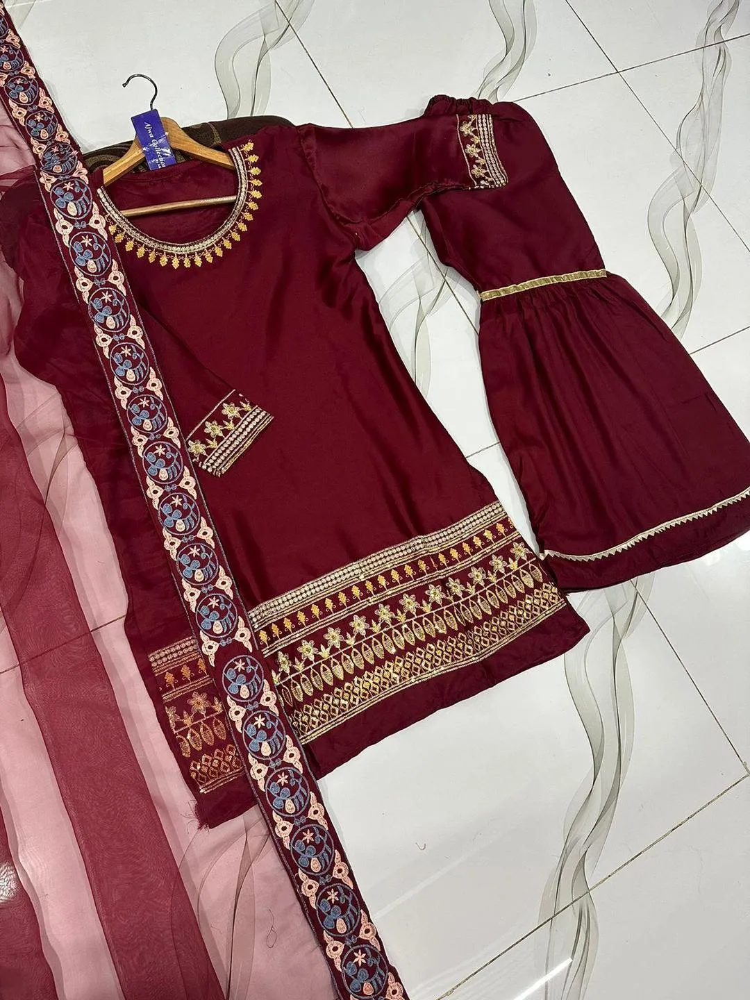 Maroon Shamose Silk 3Pcs Embroidered Party Wear Set with Lace Garara & Organza Dupatta