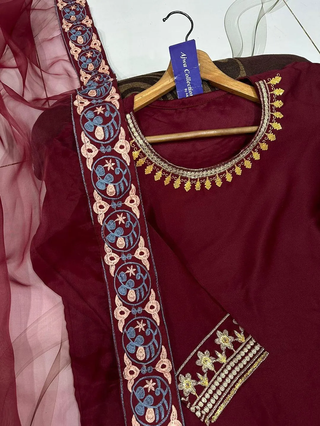 Maroon Shamose Silk 3Pcs Embroidered Party Wear Set with Lace Garara & Organza Dupatta