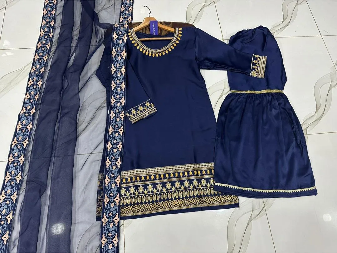 Blue Shamoz Silk 3Pcs Embroidered Party Wear Set