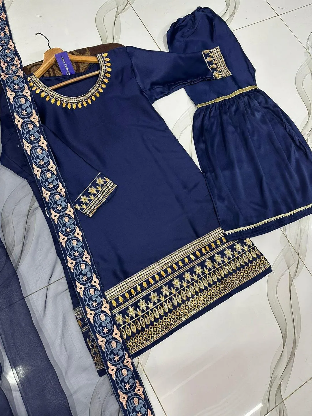 Blue Shamoz Silk 3Pcs Embroidered Party Wear Set