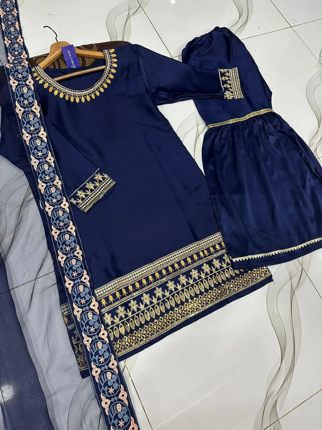 Blue Shamoz Silk 3Pcs Embroidered Party Wear Set
