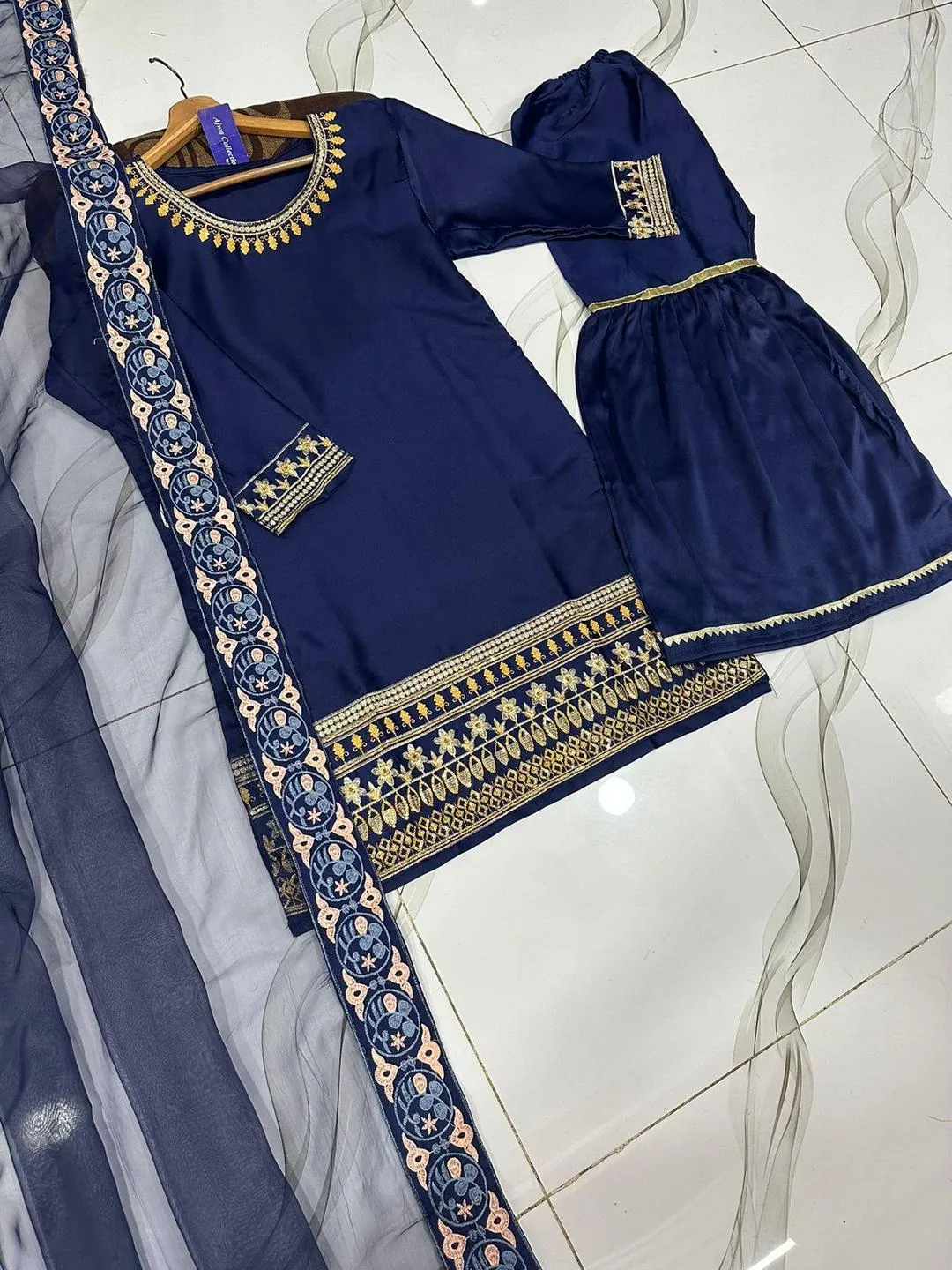 Blue Shamoz Silk 3Pcs Embroidered Party Wear Set