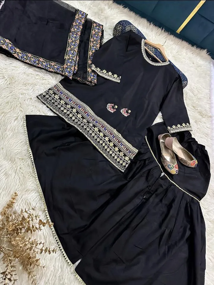 Black Shamose Silk 3Pcs Embroidered Party Wear Set with Lace Garara & Organza Dupatta