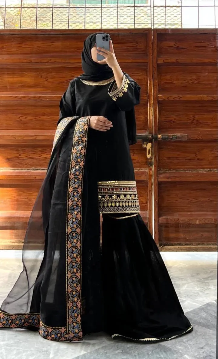 Black Shamose Silk 3Pcs Embroidered Party Wear Set with Lace Garara & Organza Dupatta
