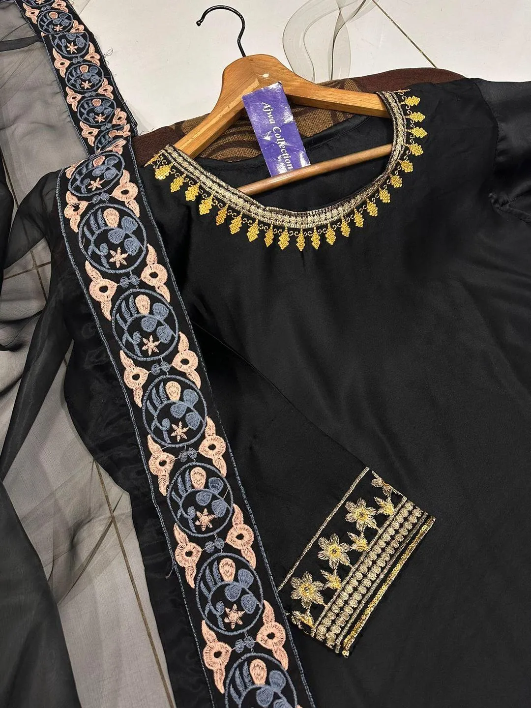 Black Shamose Silk 3Pcs Embroidered Party Wear Set with Lace Garara & Organza Dupatta