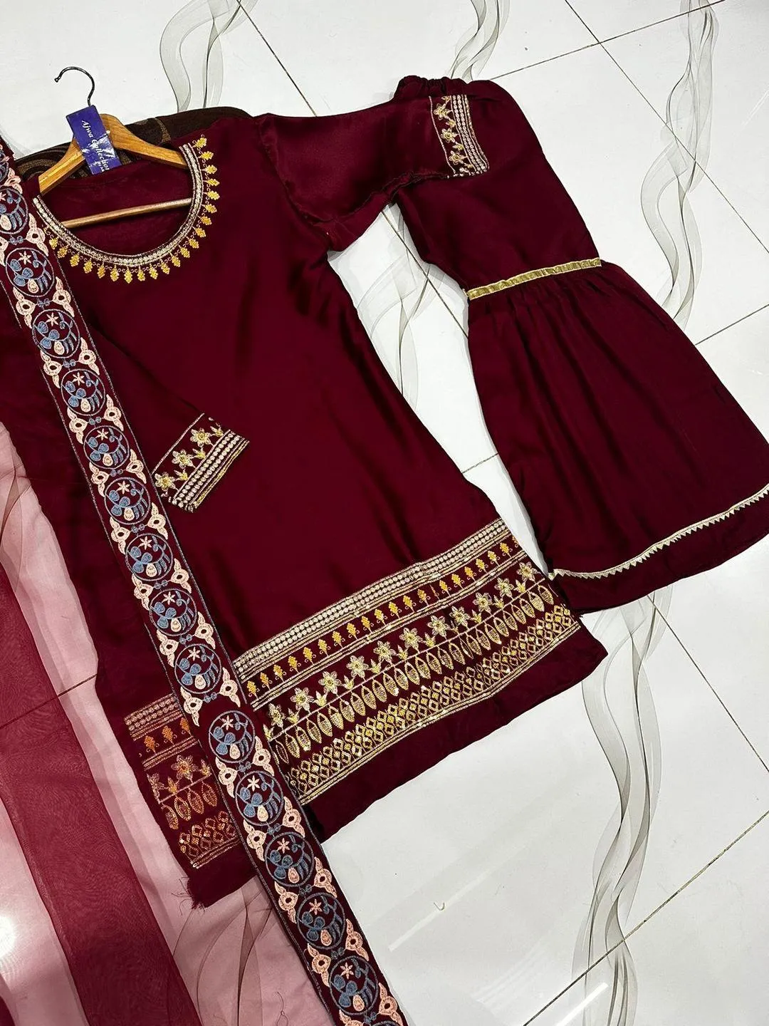 Black Shamose Silk 3Pcs Embroidered Party Wear Set with Lace Garara & Organza Dupatta