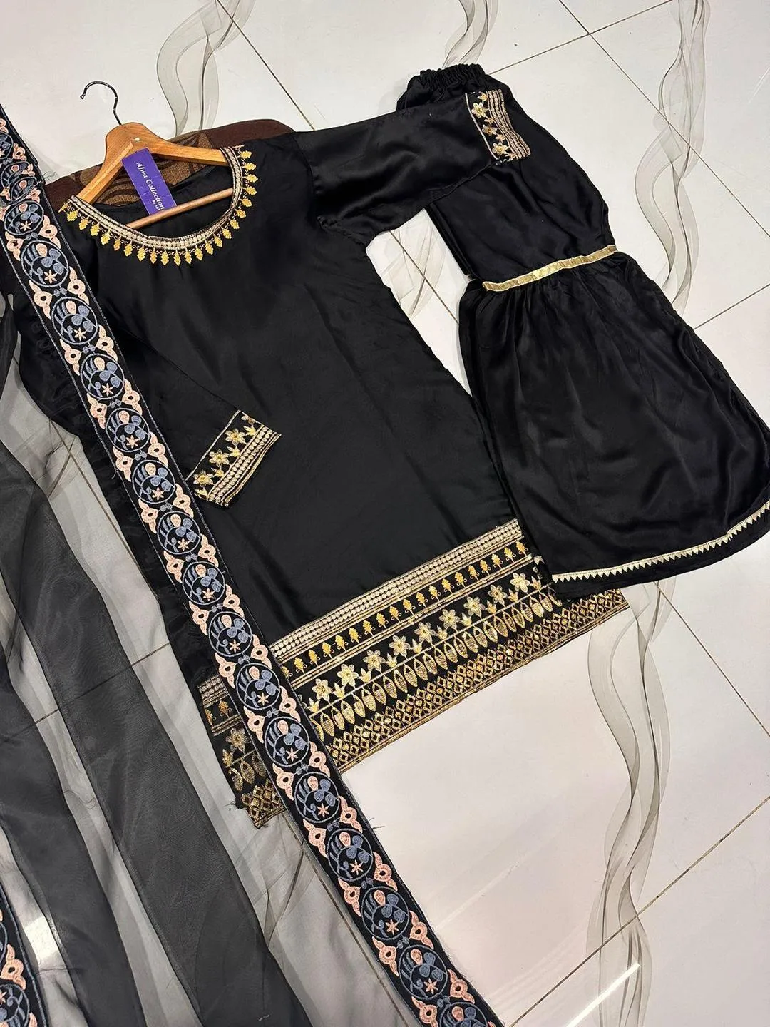 Black Shamose Silk 3Pcs Embroidered Party Wear Set with Lace Garara & Organza Dupatta