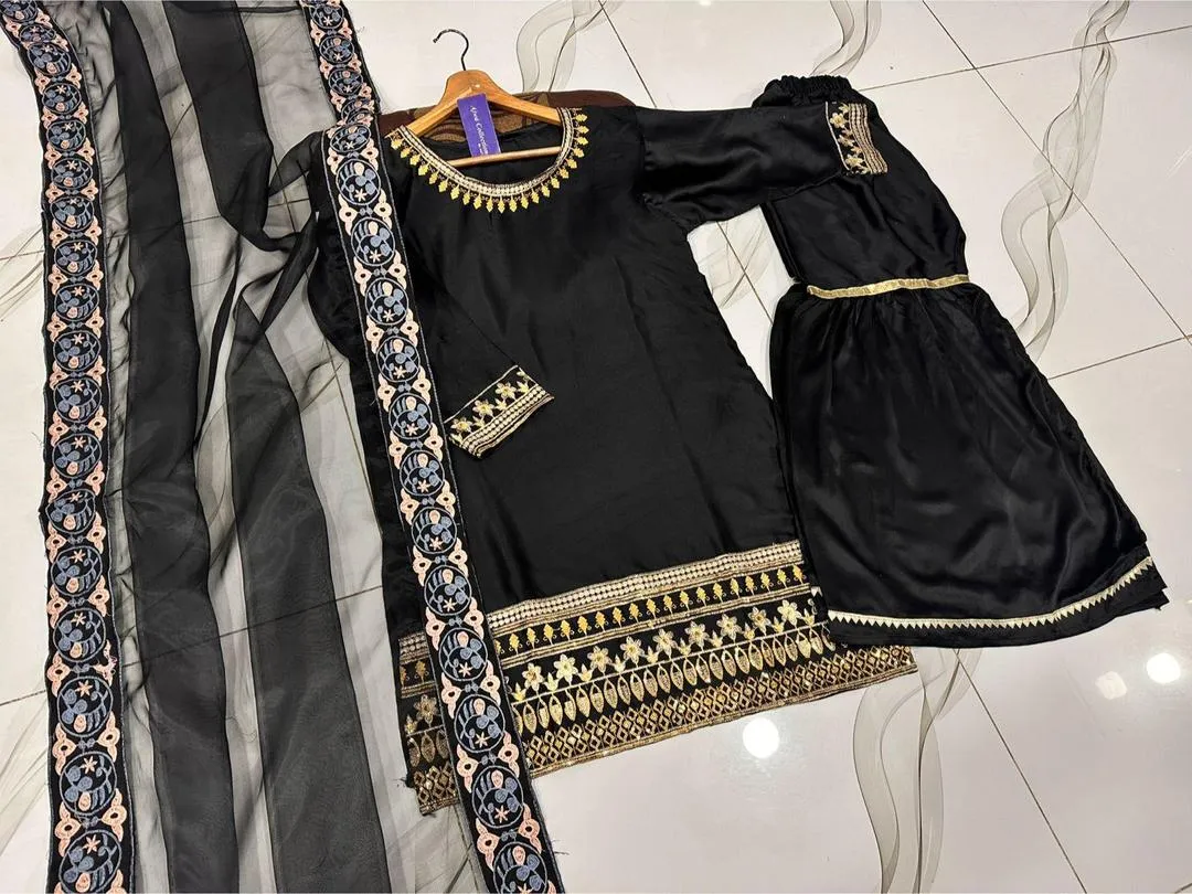 Black Shamose Silk 3Pcs Embroidered Party Wear Set with Lace Garara & Organza Dupatta