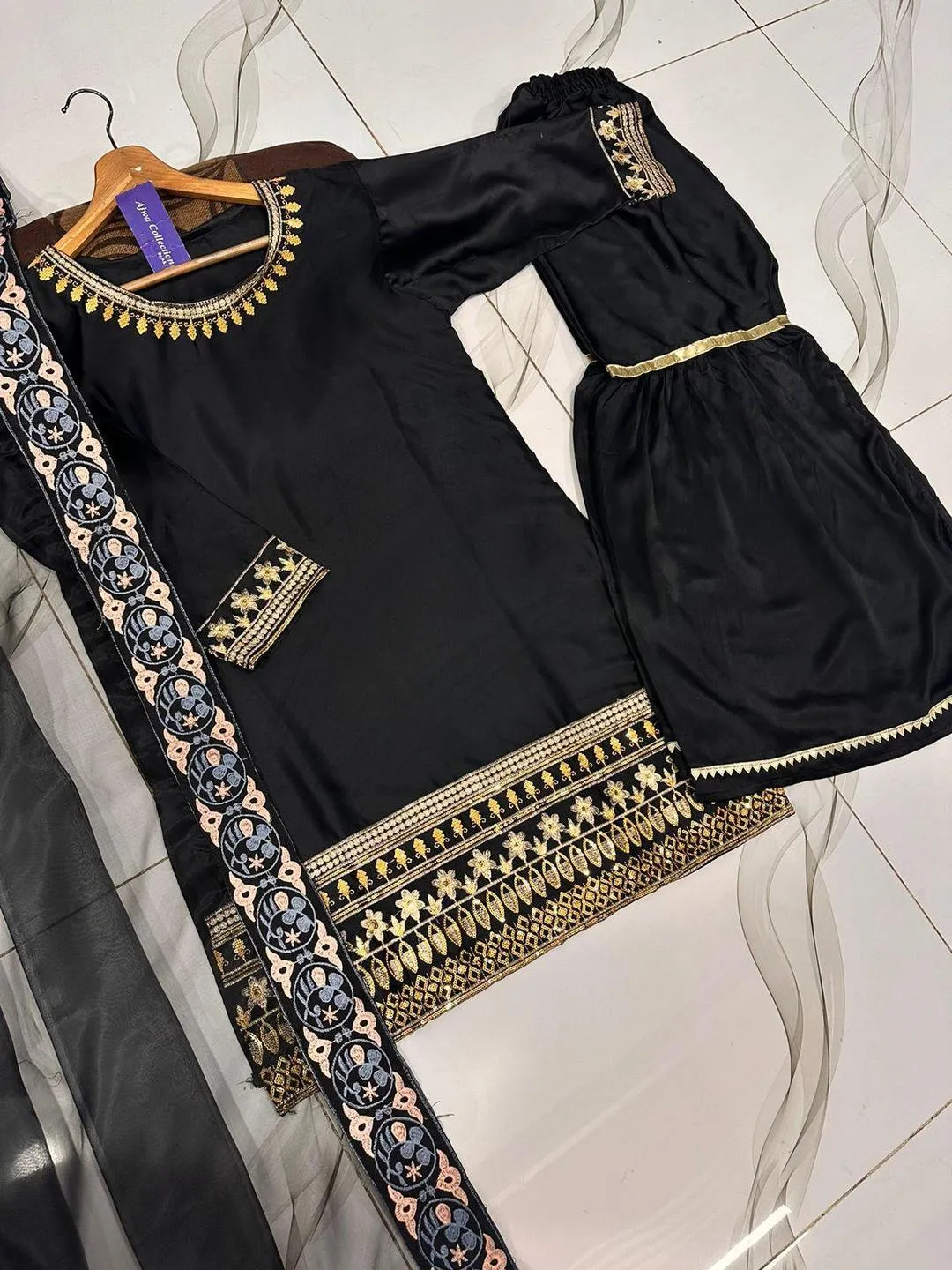 Black Shamose Silk 3Pcs Embroidered Party Wear Set with Lace Garara & Organza Dupatta