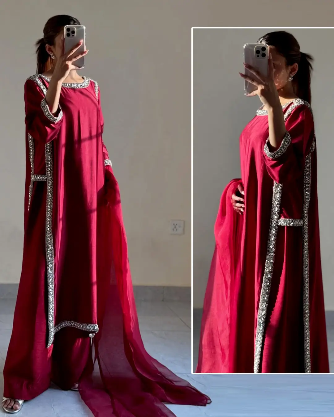 Hania Amir Inspired Indian Lace Work 3 Piece Suit for Women – Pure Shamoz Silk Long Shirt with Chiffon Dupatta & Plain Trouser