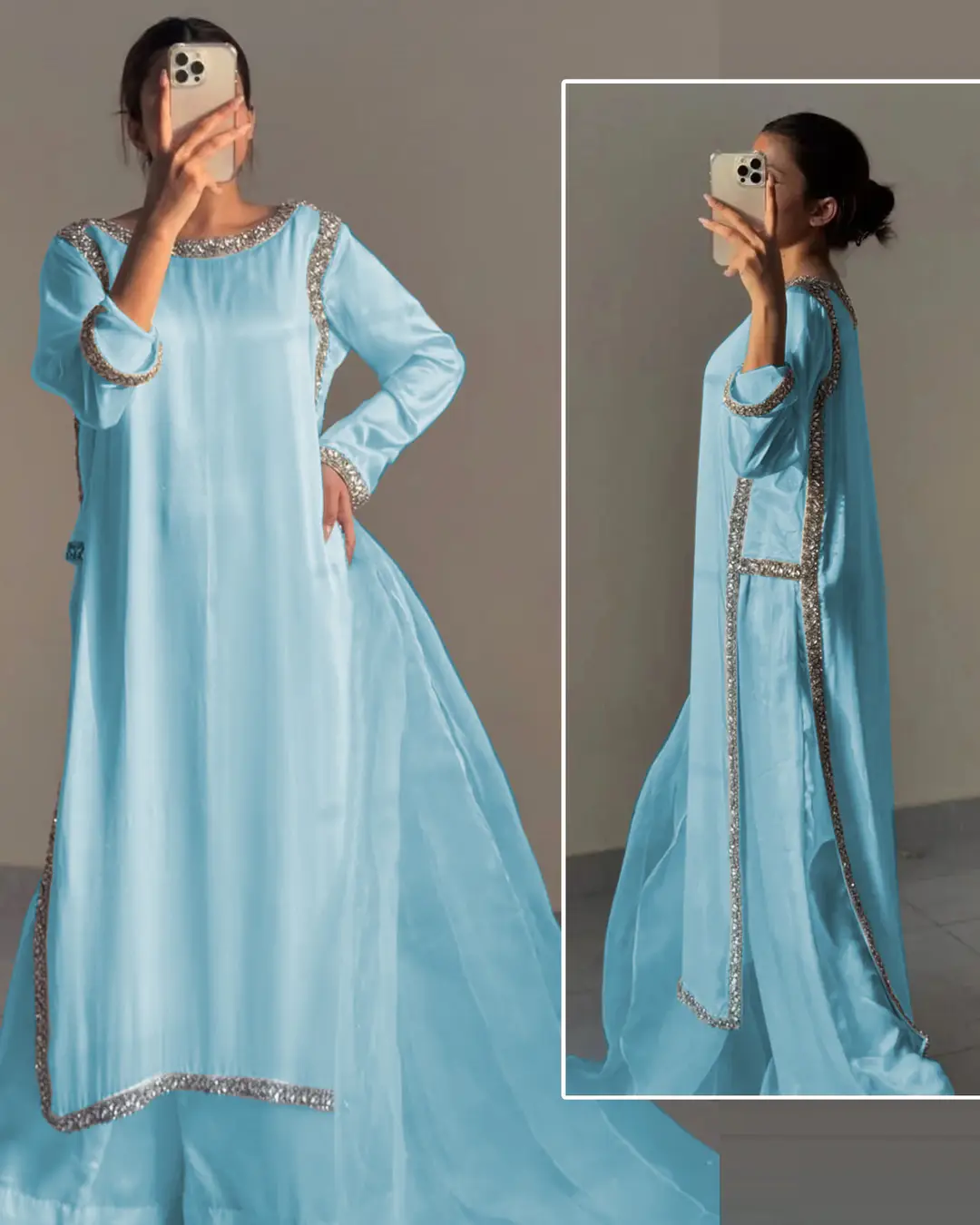 Hania Amir Inspired Indian Lace Work 3 Piece Suit for Women – Pure Shamoz Silk Long Shirt with Chiffon Dupatta & Plain Trouser
