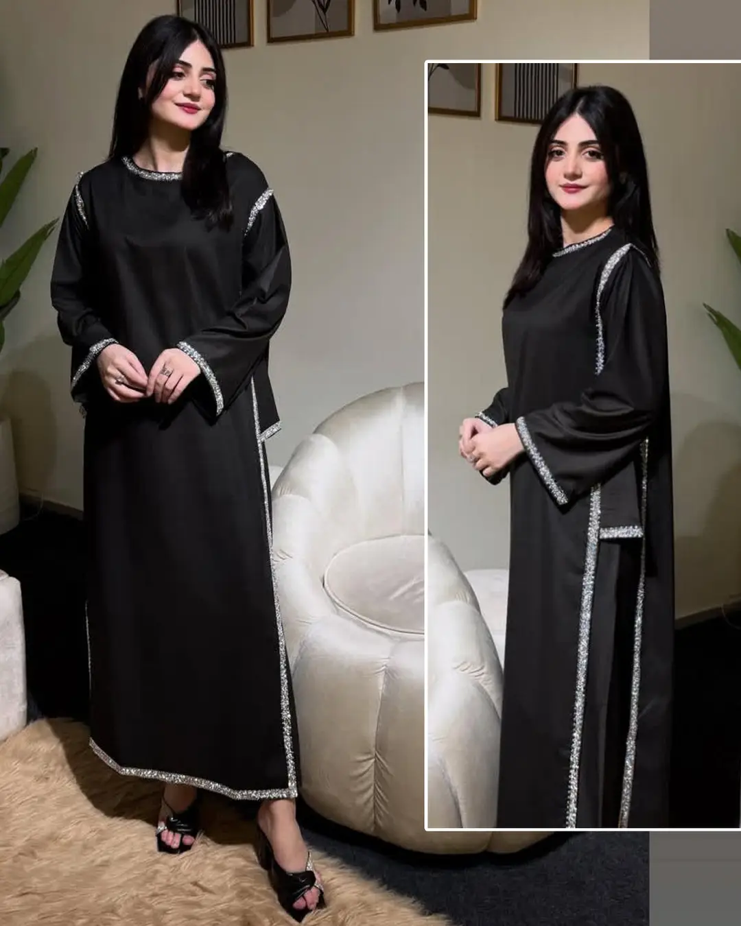 Hania Amir Inspired Indian Lace Work 3 Piece Suit for Women – Pure Shamoz Silk Long Shirt with Chiffon Dupatta & Plain Trouser