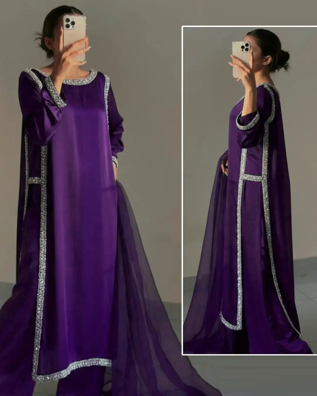 Hania Amir Inspired Indian Lace Work 3 Piece Suit for Women – Pure Shamoz Silk Long Shirt with Chiffon Dupatta & Plain Trouser