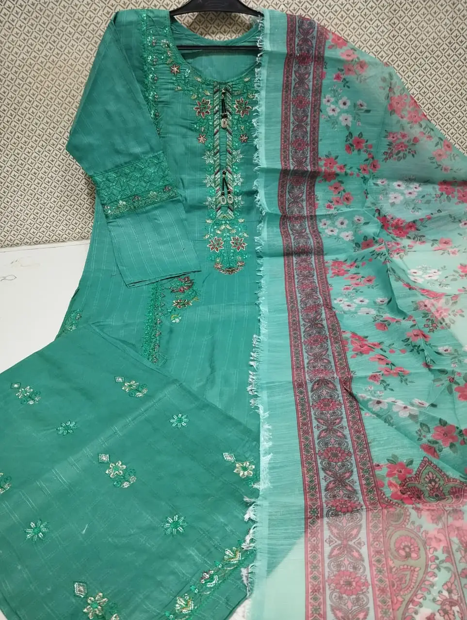 Heavy Fully Embroidered 3 Piece PV Cotton Suit for Women – Thread & Patch Work | Ready to Wear Pakistani Dress with Monar Dupatta