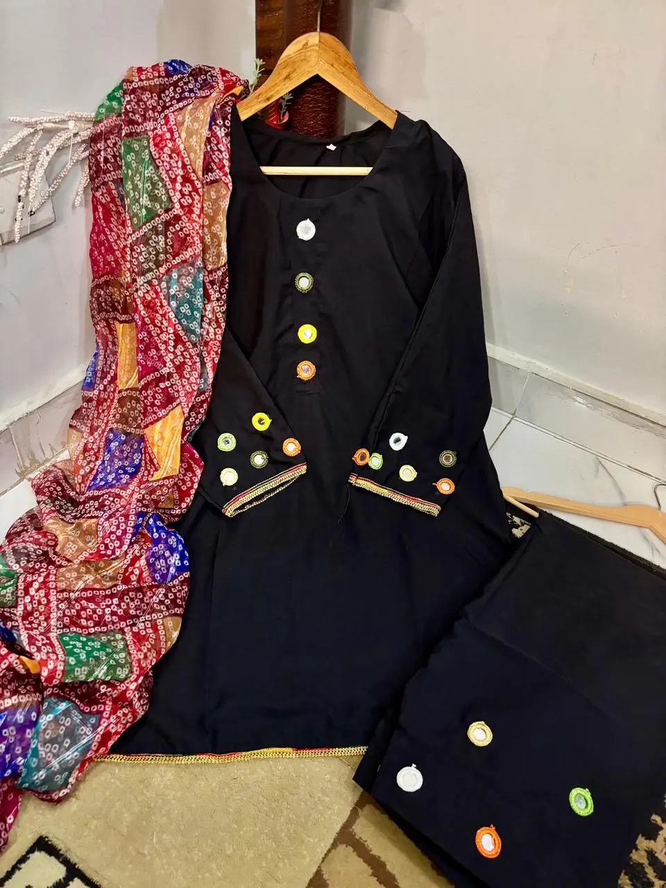 Malai Lawn 3 Piece Dress for Women – Mirror Work Neck & Sleeves, Farshi Shalwar with Mirror Work, Digital Print Chiffon Dupatta | Stitched Pakistani Ladies Suit | Medium Large
