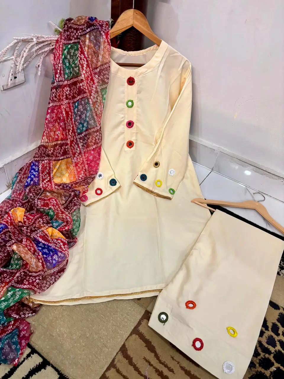 Malai Lawn 3 Piece Dress for Women – Mirror Work Neck & Sleeves, Farshi Shalwar with Mirror Work, Digital Print Chiffon Dupatta | Stitched Pakistani Ladies Suit | Medium Large