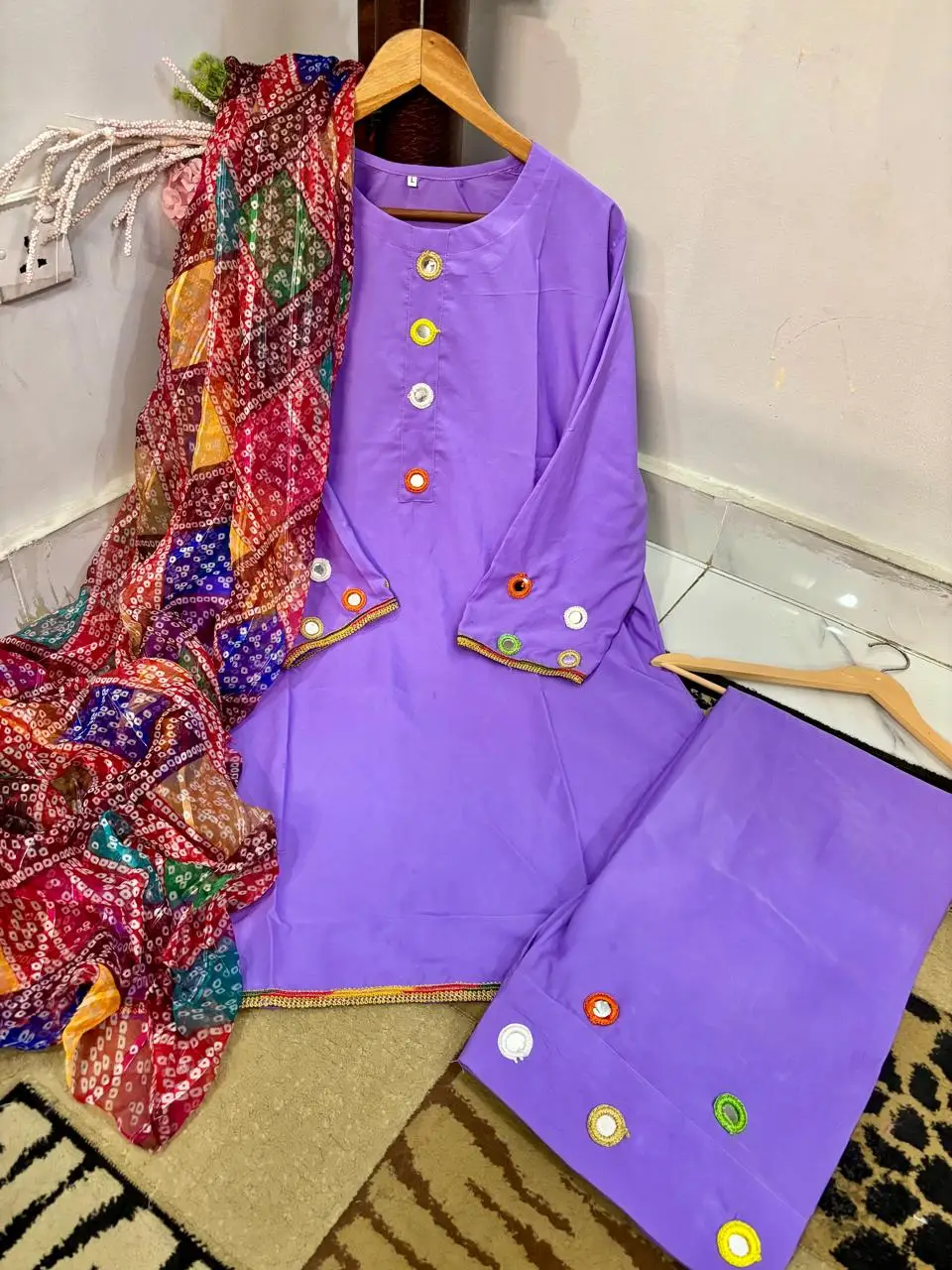 Malai Lawn 3 Piece Dress for Women – Mirror Work Neck & Sleeves, Farshi Shalwar with Mirror Work, Digital Print Chiffon Dupatta | Stitched Pakistani Ladies Suit | Medium Large