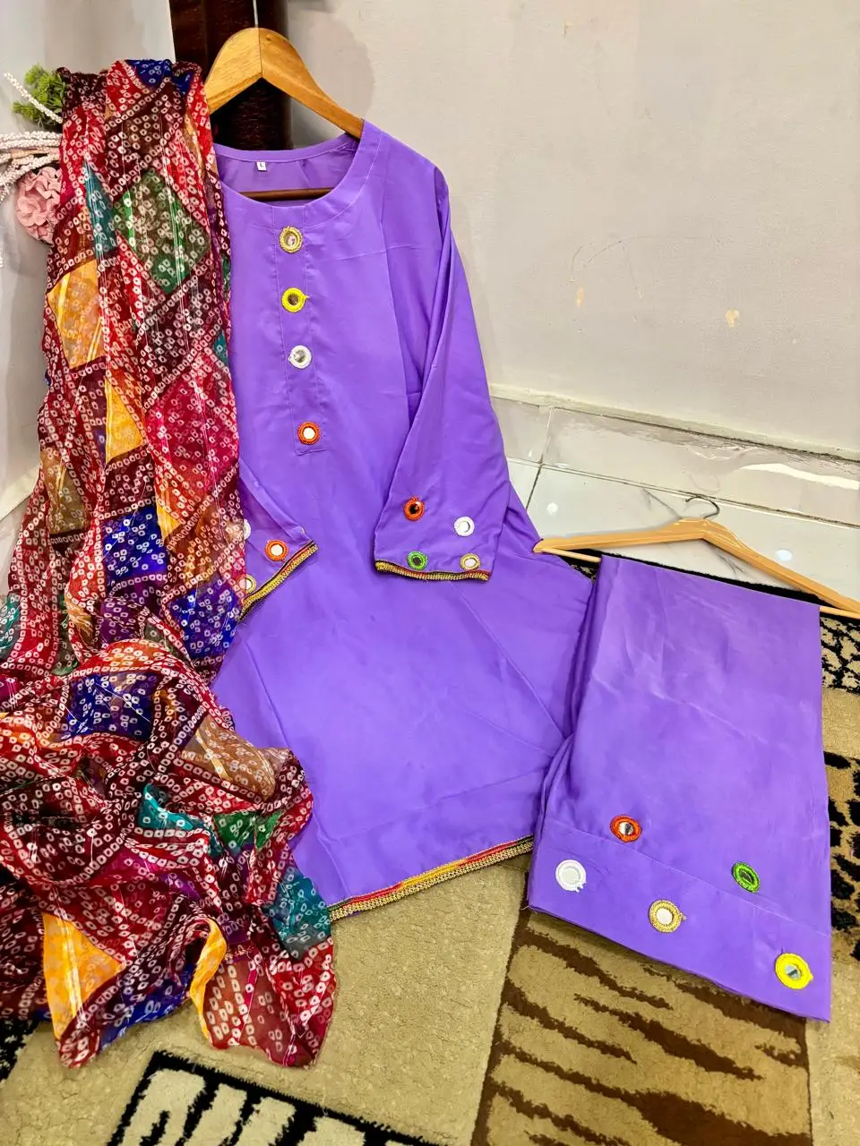 Malai Lawn 3 Piece Dress for Women – Mirror Work Neck & Sleeves, Farshi Shalwar with Mirror Work, Digital Print Chiffon Dupatta | Stitched Pakistani Ladies Suit | Medium Large
