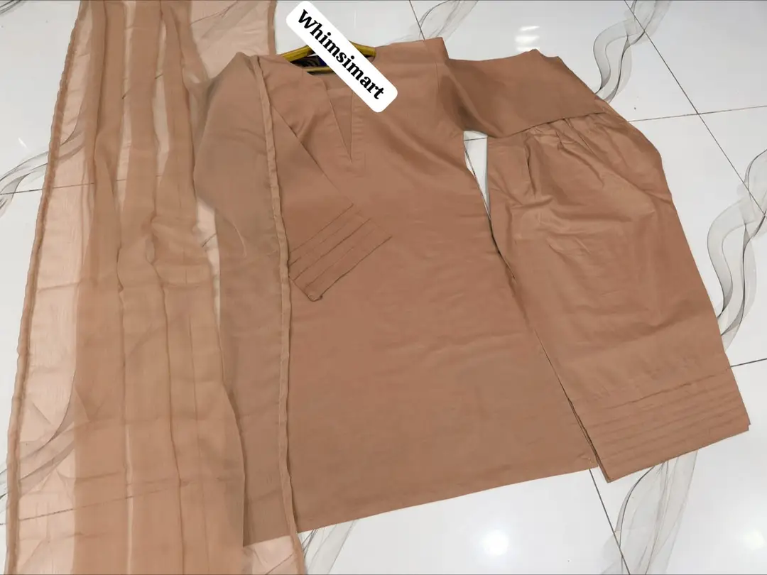 3 Pcs Women's Stitched Cotton Plain Suit