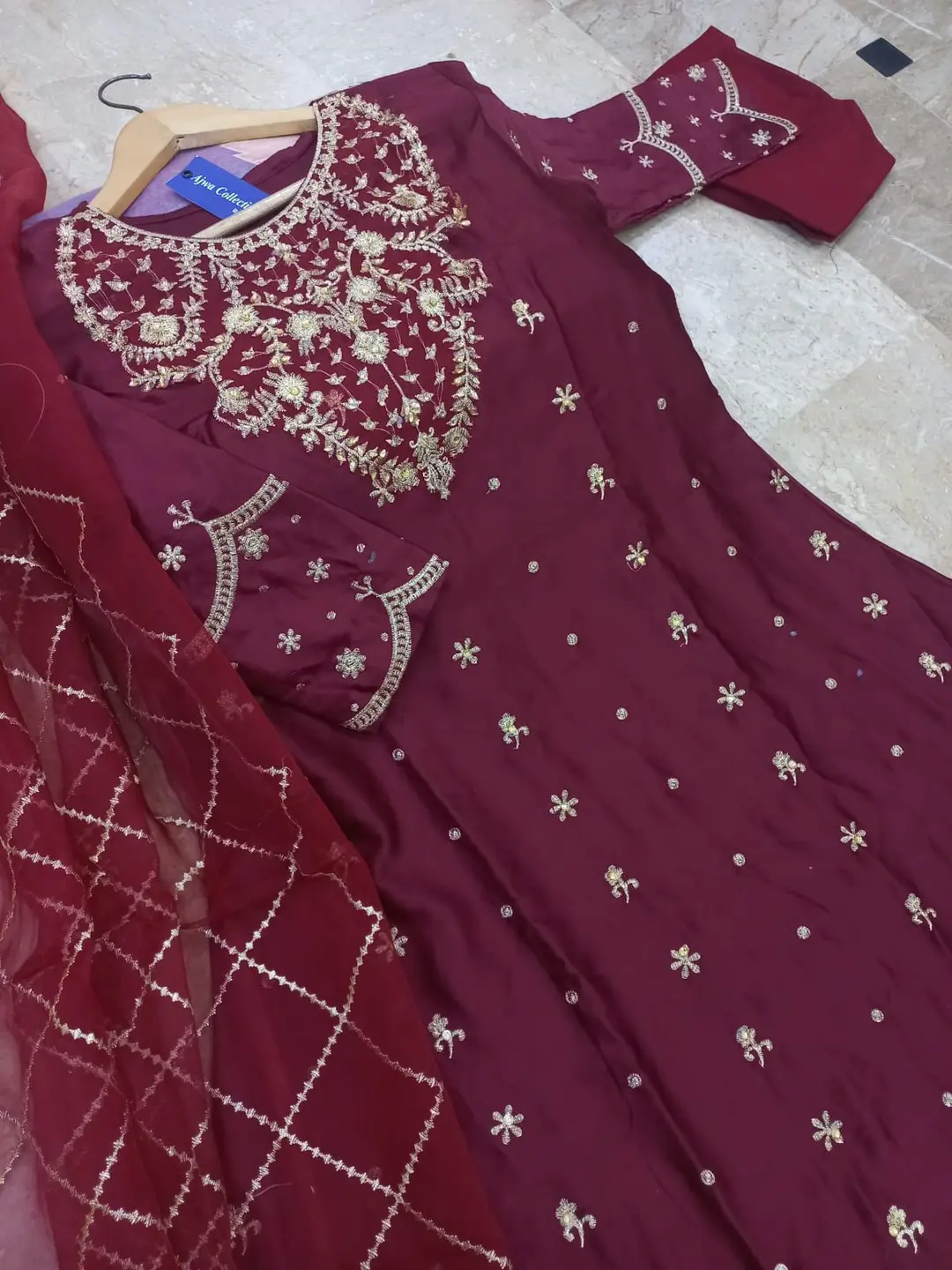 Heavy Embroidered Maxi Dress for Women | Handwork Silk Maxi with Embroidered Dupatta 3PC