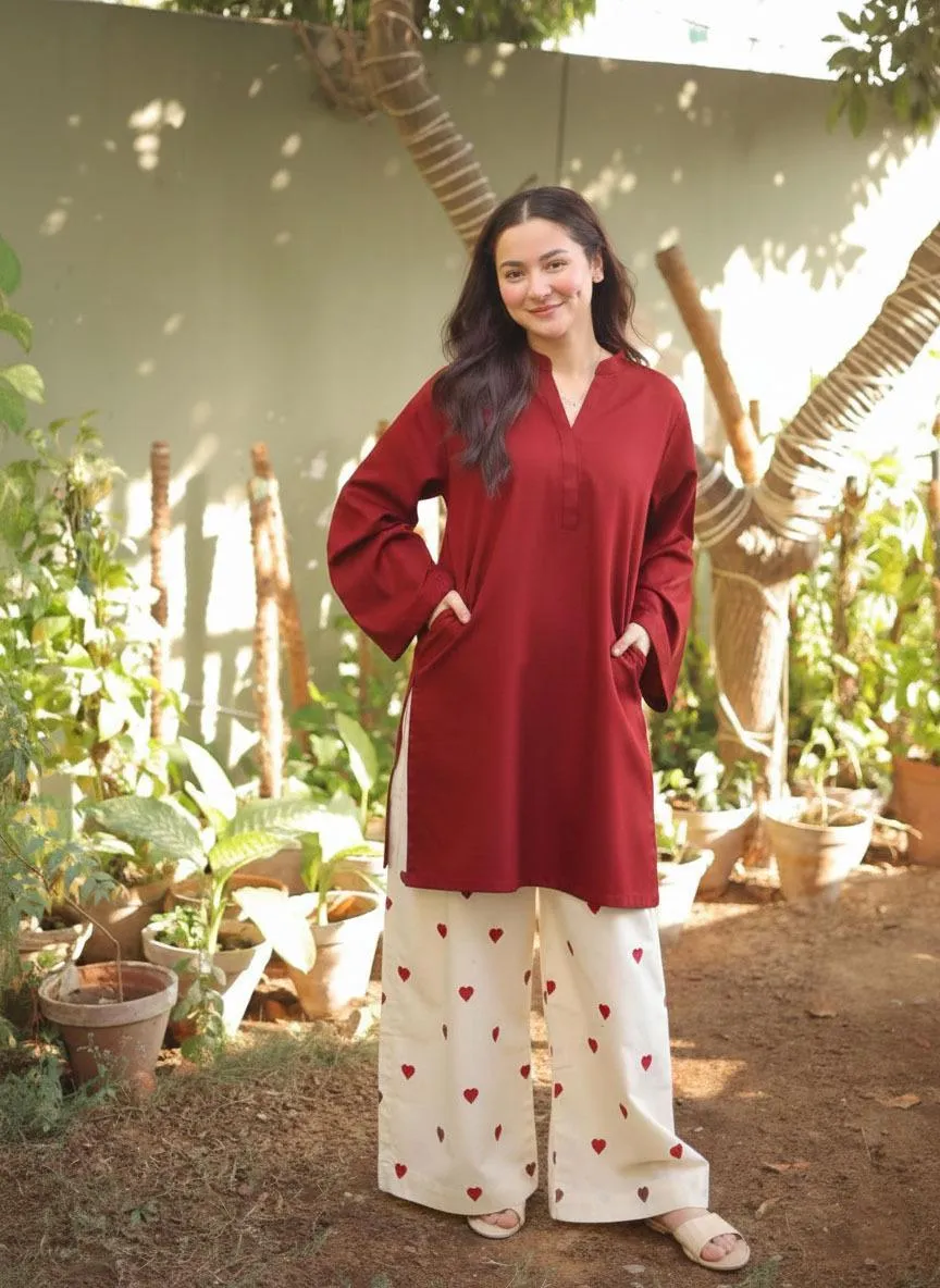 2 Pcs Women Linen Suit Maroon V Neck Embroidered Trouser