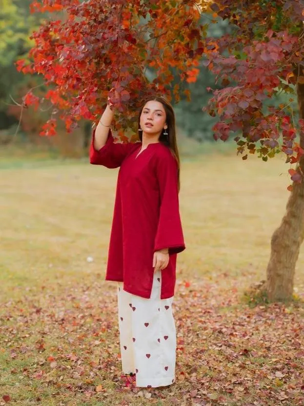 2 Pcs Women Linen Suit Maroon V Neck Embroidered Trouser