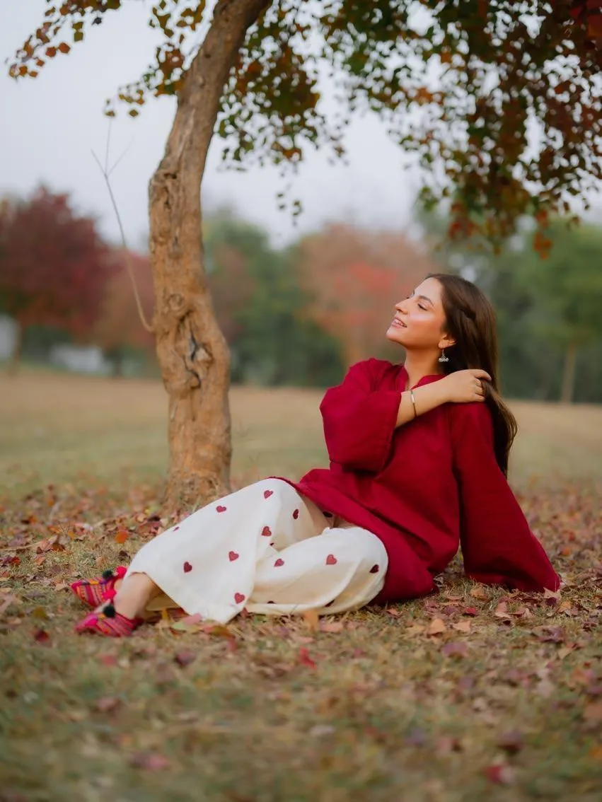 2 Pcs Women Linen Suit Maroon V Neck Embroidered Trouser