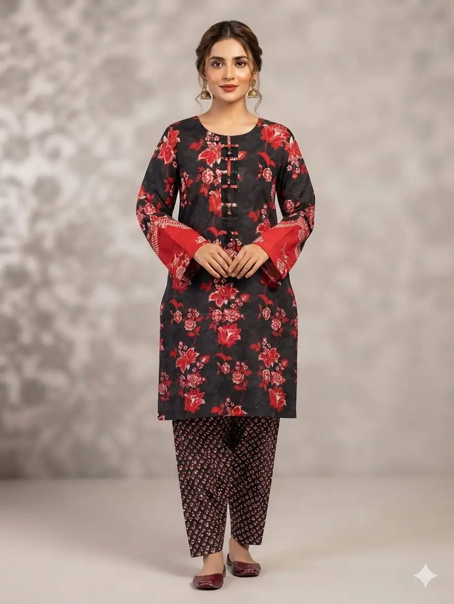 2PC Digital Printed China Silk Stitched Suit for Women – Soft China Silk Shirt & Elastic Trouser | Summer Casual Ready to Wear Dress