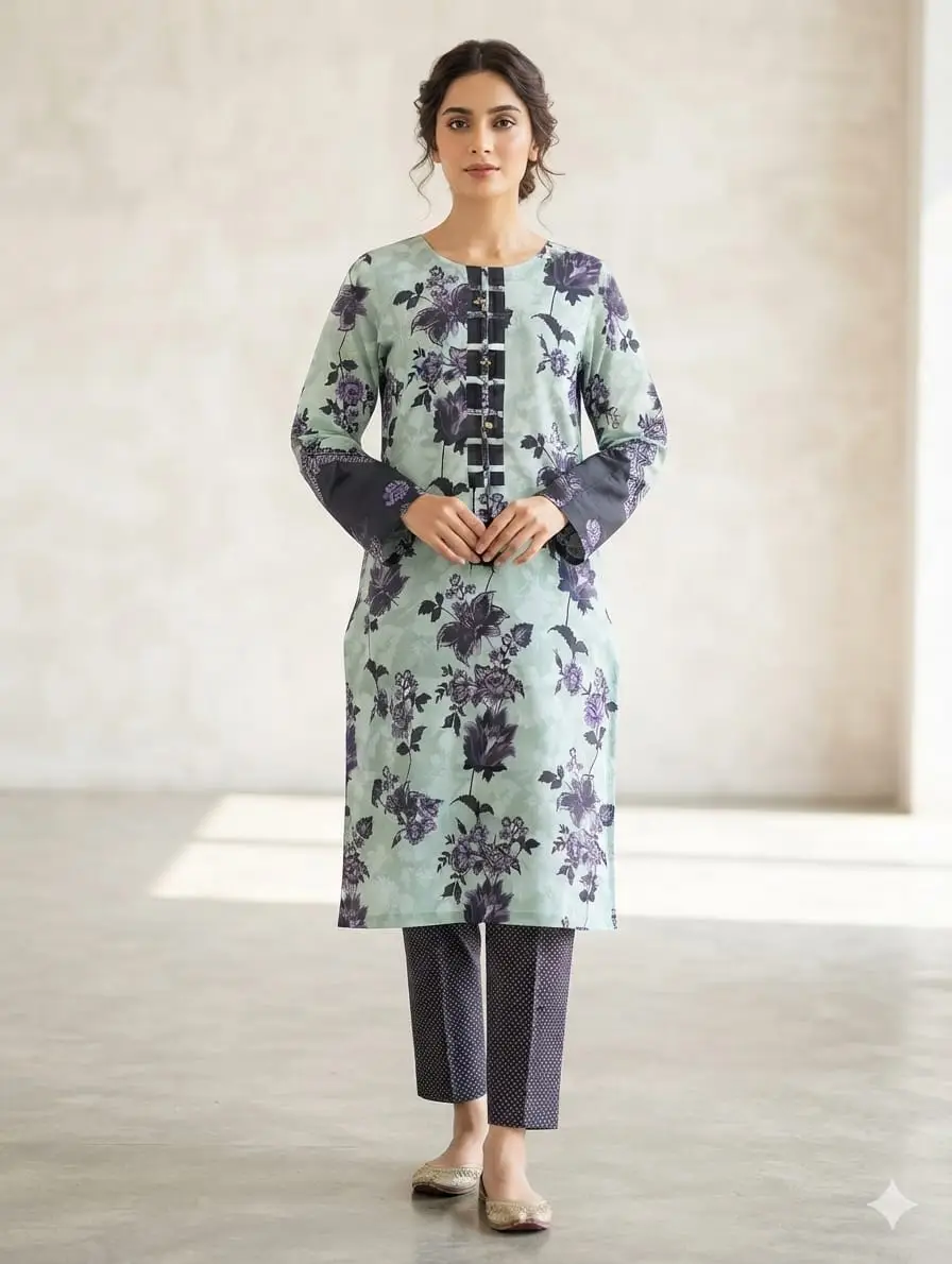 2PC Digital Printed China Silk Stitched Suit for Women – Soft China Silk Shirt & Elastic Trouser | Summer Casual Ready to Wear Dress