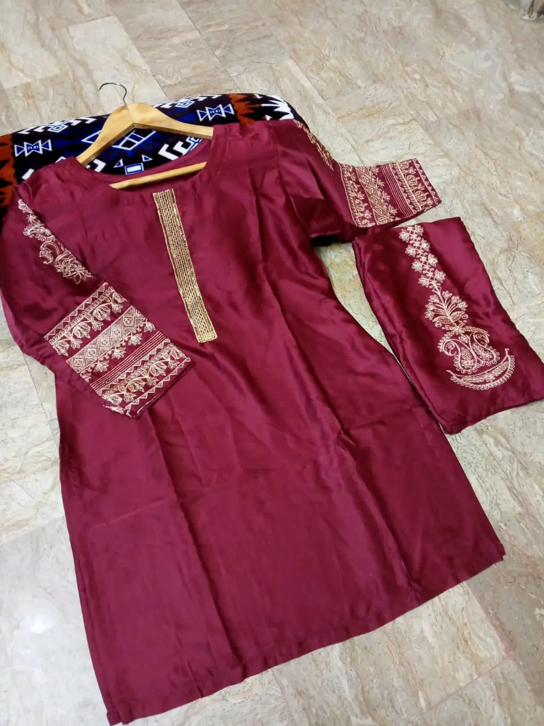 2 Pcs Women's Stitched Silk Embroidered Shirt And Trouser