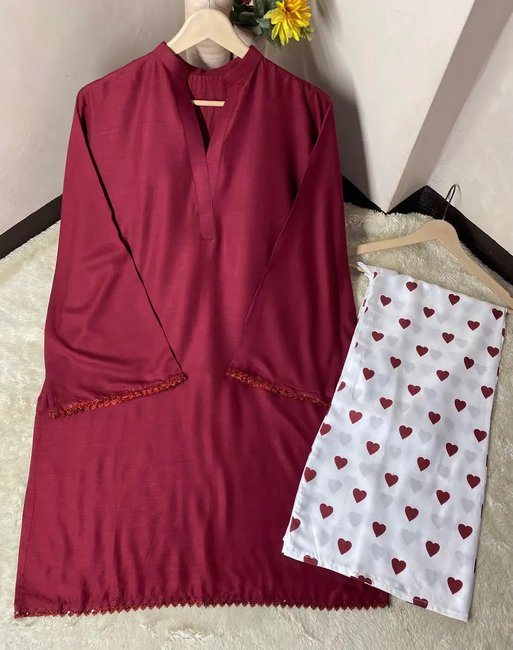 Women's Heart Printed Summer Linen 2 Piece Flapper Suit with V Neck Shirt | Sequence Lace Work | Casual Printed Cord Set | Soft Linen Dress for Women