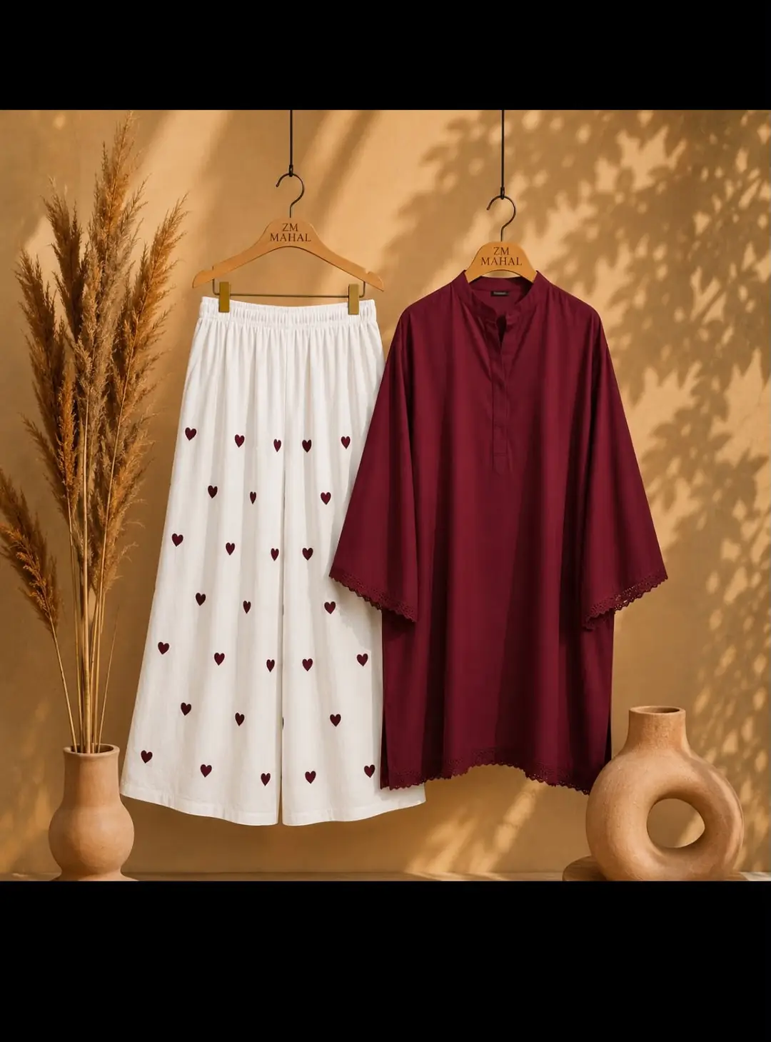 Women's Heart Printed Summer Linen 2 Piece Flapper Suit with V Neck Shirt | Sequence Lace Work | Casual Printed Cord Set | Soft Linen Dress for Women