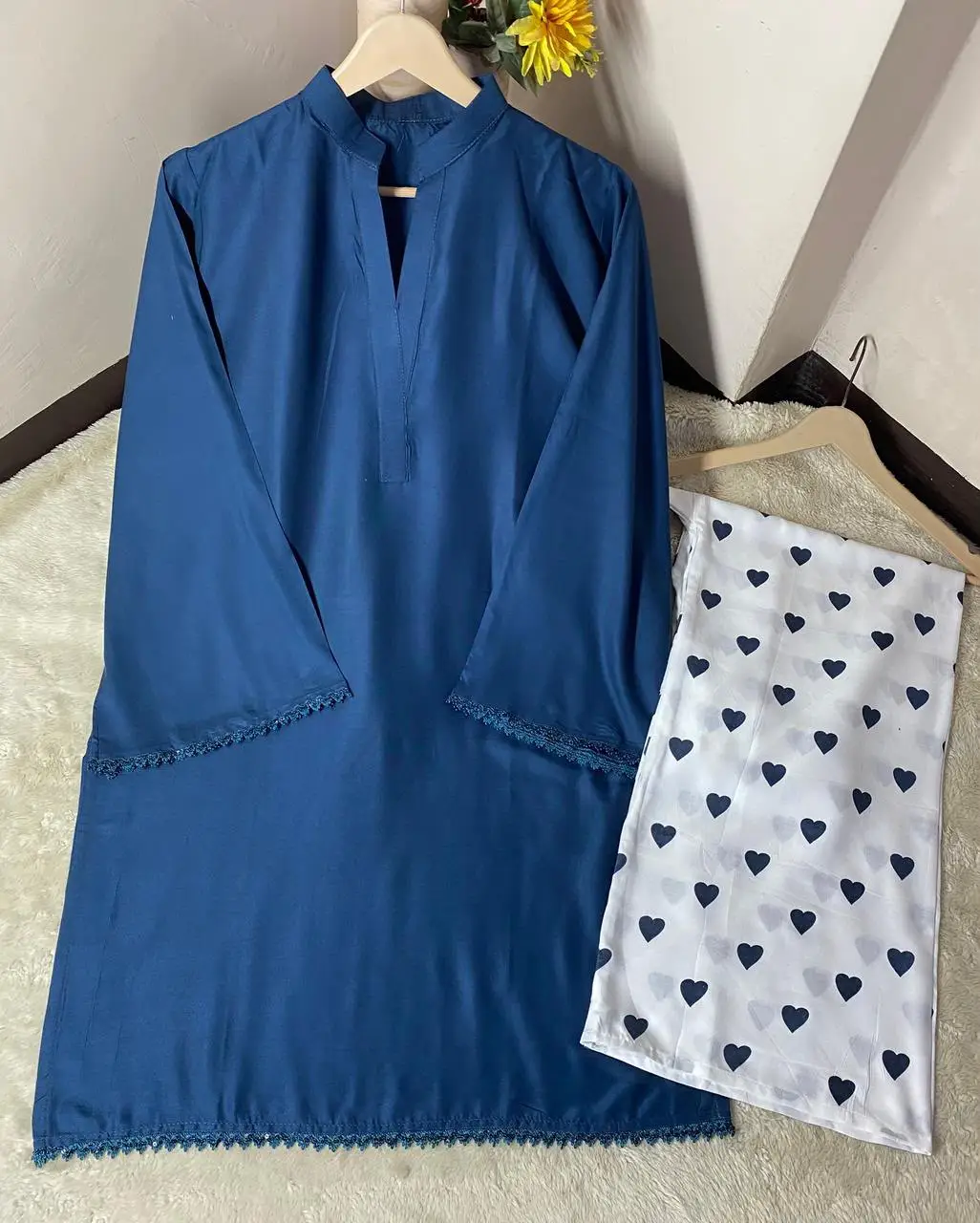 Women's Heart Printed Summer Linen 2 Piece Flapper Suit with V Neck Shirt | Sequence Lace Work | Casual Printed Cord Set | Soft Linen Dress for Women