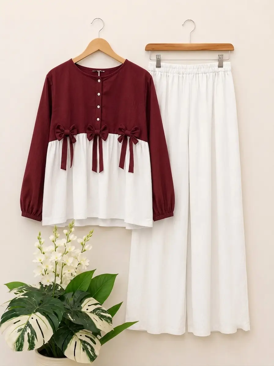Women Summer Cotton 2 Pcs Frock Shirt & Flapper Set – Front Bow Airline Style Short Frock, Casual Co-Ord Outfit for Women
